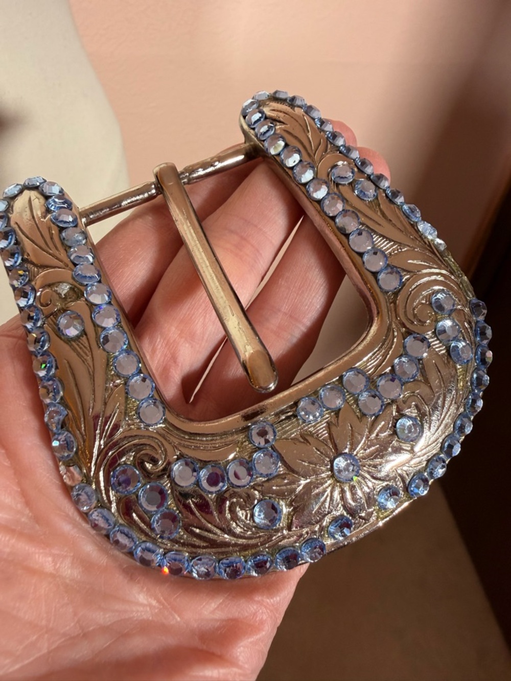 B.B. Simon Blue crystal Etched Silver Metal Oversized Western Belt Buckle